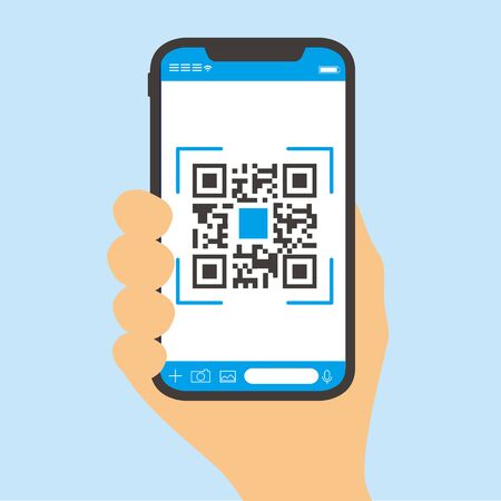 Qr code payment , online shopping , cashless technology concept. Coffee shop accepted digital pay without money , plastic tag on table and hand using mobile phone application to scan qr code.のイラスト素材