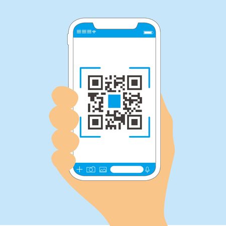Qr code payment , online shopping , cashless technology concept. Coffee shop accepted digital pay without money , plastic tag on table and hand using mobile phone application to scan qr code.のイラスト素材