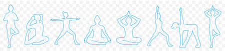 Yoga poses set on transparent background. Line art. Vector illustration.のイラスト素材
