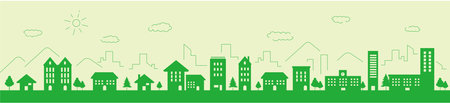 Cityscape with green buildings and clouds. Vector illustration for your designのイラスト素材