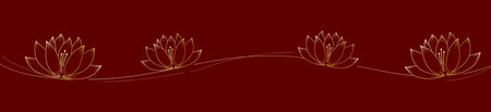 Lotus flower seamless border on dark red background. Vector illustration.のイラスト素材