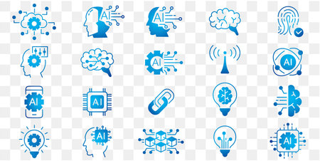 Artificial intelligence icons set. Vector illustration in blue color on transparent backgroundのイラスト素材