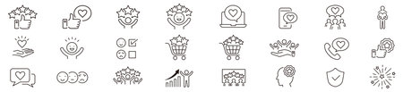 Satisfaction, Positive Feedback, Customer satisfaction, Fulfillment, Recommend, Happiness, Star, Satisfied, Gratification editable stroke line icon set collection Vector.のイラスト素材