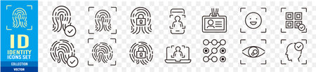 Biometric, Fingerprint, Face id, Face recognition, Identity, Eye, Motion sensor, Smart home, Lock editable stroke line icon collection Vectorのイラスト素材