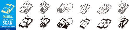 Cashless icon. cashless, Credit Card, Smartphone, payment, Barcode, POS, Security, Scan, QR code, NFC, Protection, sign Editable stroke Thin linear icon vectorのイラスト素材