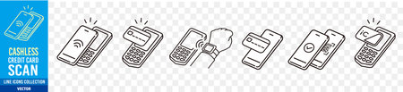 Cashless icon. cashless, Credit Card, Smartphone, payment, Barcode, POS, Security, Scan, QR code, NFC, Protection, sign Editable stroke Thin linear icon vectorのイラスト素材