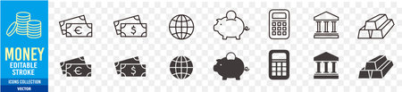 Money and finance icon set. Vector illustration in thin line style.のイラスト素材