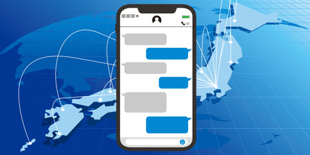 Vector illustration of a smartphone with speech bubbles on a world map backgroundのイラスト素材