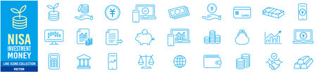 Finance icon set. cash earning money fund loan financial goal saving payments bank, cryptocurrency check wallet Editable stroke line liner icons collection vector.のイラスト素材