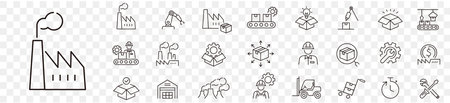 Factory icon set. Industry factory mass production manufacture machine fabrication goods editable stroke line vector icons collection.のイラスト素材