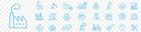 Factory icon set. Industry factory mass production manufacture machine fabrication goods editable stroke line vector icons collection.のイラスト素材