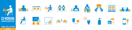 Co-working space line icon set. Included icons as coworkers, coworking, sharing office, business, company, work and more.のイラスト素材