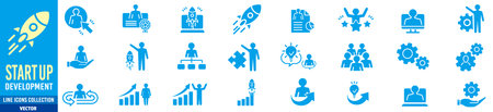Startup icon set, blue theme solid symbol collection, vector sketchesのイラスト素材