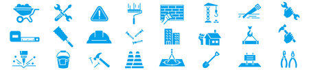 Construction icons set, blue series. Vector illustration of construction icons.のイラスト素材