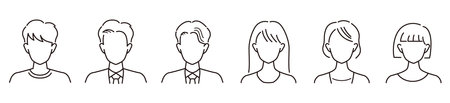 Set of people avatars in linear style. Male and female characters.のイラスト素材