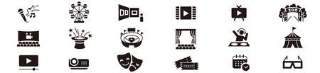 Entertainment Show icon set. live media movie event stage video theater concert cinema ticket magician circus. Linear icon collection. Editable stroke. Vector illustrationのイラスト素材