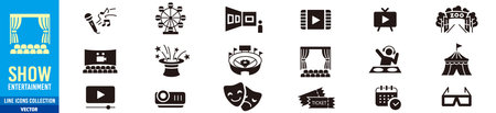 Entertainment Show icon set. live media movie event stage video theater concert cinema ticket magician circus. Linear icon collection. Editable stroke. Vector illustrationのイラスト素材