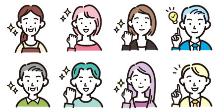 Illustration of a group of people with different facial expressions and gestures people smile avatar man woman business icons set vectorのイラスト素材