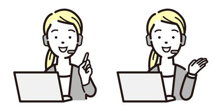 Illustration of a young woman using a laptop computer while talking.のイラスト素材