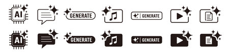 Set of black and white icons for audio, video, music, blog, podcast. Vector illustrationのイラスト素材