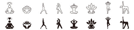 Yoga icons set. Black on white background. Vector illustration.のイラスト素材
