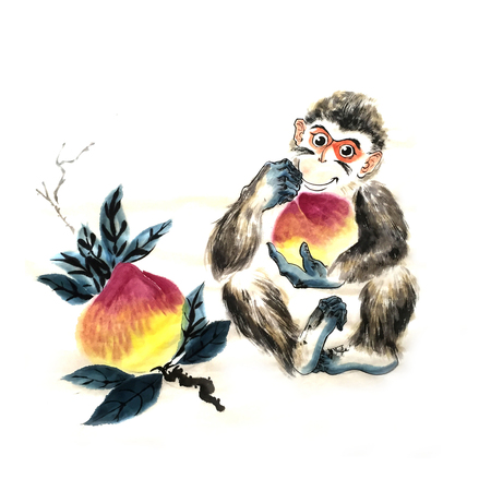 Chinese monkey painting - happy monkey and peachの写真素材