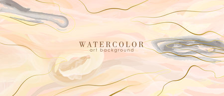 Watercolor art background vector. Wallpaper design with paint brush and gold line art. pink ivory beige watercolor Illustration for prints wall art cover and invitation cardsのイラスト素材