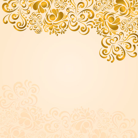 Vector ornate background. Elegant element for design in Eastern style, place for text. Floral golden border. Lace illustration for invitations and greeting cards.の写真素材