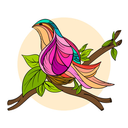 Hand drawn vector illustration of a colorful bird sitting on a branch.のイラスト素材