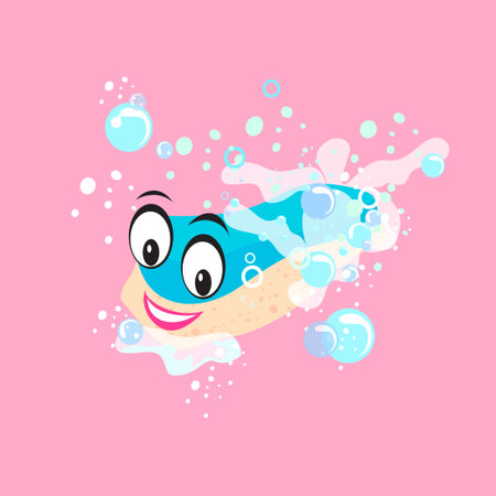 Vector illustration of cute cartoon smiling face with soap bubbles on pink background.のイラスト素材