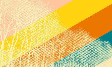abstract background with trees and grunge textures in yellow, orange and blueのイラスト素材