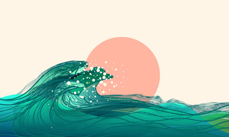 Vector illustration of a sea wave with a dolphin in the water.のイラスト素材