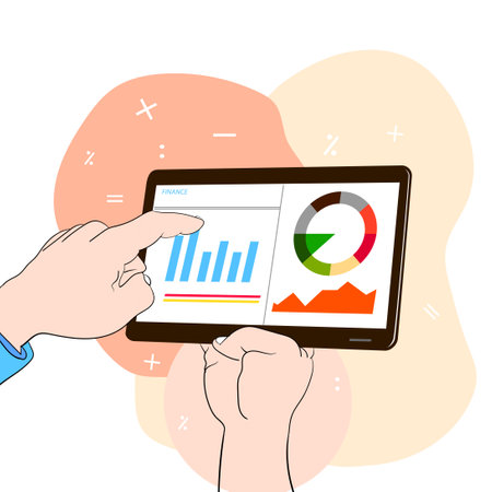 Vector illustration of a tablet with charts and graphs on the screen.のイラスト素材