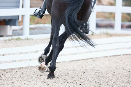 Vault of a dark tail bay horse. Equestrian sports, dressage. circleの写真素材