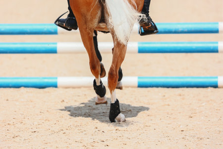 Sand from under the ponys hooves. Pony hooves when approaching the barrier. Equestrian sport. Pony sportの写真素材