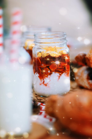 Christmas mood. New Years breakfast on the tableの写真素材