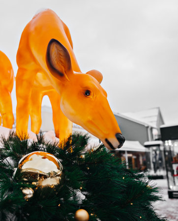 Christmas decorations of the fair and the city. Decorations using large deer figures, Christmas art decorationsの写真素材