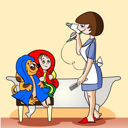The woman selects whom the first to dry the hair dryer, a puppy or the child, a cheerful picture.のイラスト素材
