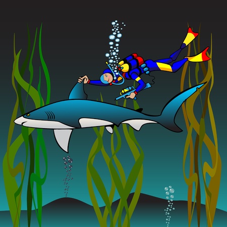 The veterinary  the skin-diver does vaccination to a shark, cartoon picture.There are gradients.のイラスト素材