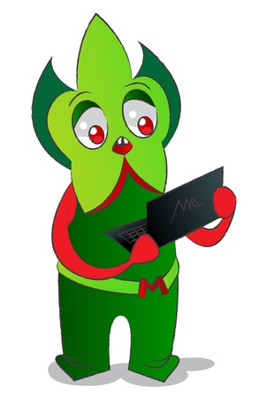 The surprised green monster with a laptop in feelers, is gradient fillingsのイラスト素材