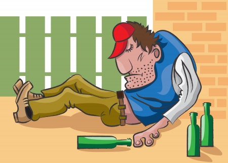 The adult man lies on the street in an unconsciousness and near him are empty bottles from under alcoholのイラスト素材