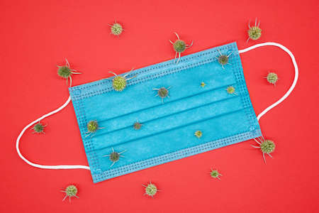 Blue medical mask on a red background. On and around the mask there are green thorns of dry plants as a symbol of viruses and bacteria. The creative concept of the need to replace the mask regularly.の写真素材
