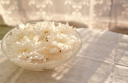 Floral background. Flowers of white chrysanthemum in a glass bowl with water. The rays of the...