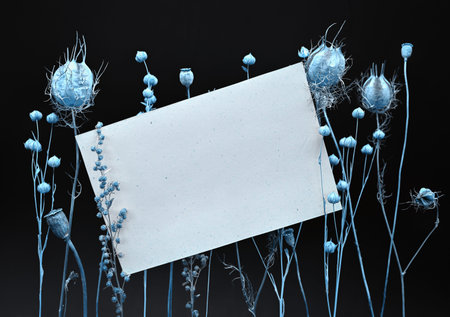 Winter composition. Empty sheet of paper and dried flowers on a black background. The concept of...