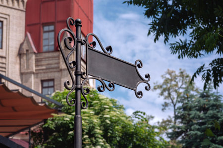 Mocup. Blank metal signpost with direction arrow in the city park. Forged metal pointer.の写真素材