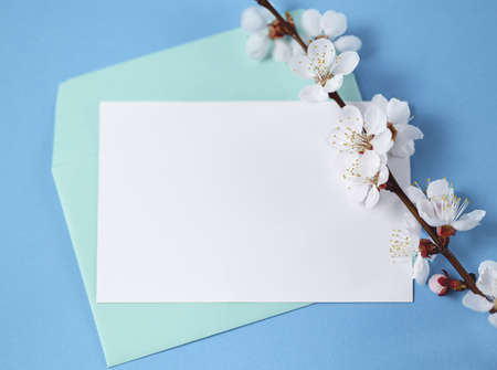 spring composition. One turquoise envelope, blank card and a flowering branch. Blue background mockup. Minimalism, top view, copy space, spring concept.の写真素材