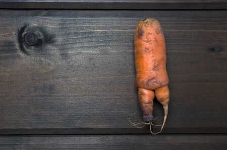 Ugly carrots on the right on wooden background freshly picked from garden. Organic food concept. Top view with copy space.の写真素材