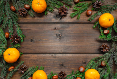The spruce branch is green on wooden board