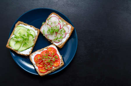appetizing delicious vegetarian sandwiches with cream cheese, fresh cucumber, radish, tomato and microgreens on a black slate background on a plate. Flat layout. healthy food diet weight loss fitness.の写真素材