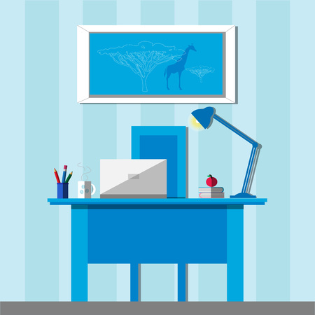 Home office interior with furniture, books, coffee and laptop. Vのイラスト素材